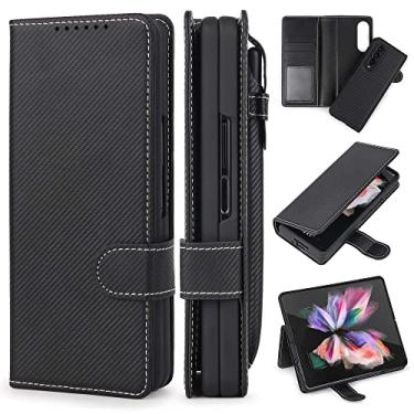 Imagem de Estojo destacável para Samsung Galaxy Z Fold 3 Fold 4 Moda Couro PU Magnetic Kickstand Cover com Stylus, Sarja Preto, Para Samsung Z Fold 3