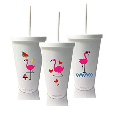 Imagem de Kit 3 Copos com Tampa e Canudo Personalizados tema Flamingo Dia das Crianças