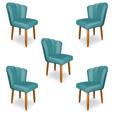 Imagem de Kit 5 Cadeiras de Jantar Pétala Estofada Pés Palito Veludo Azul Turquesa - Montanaris D...