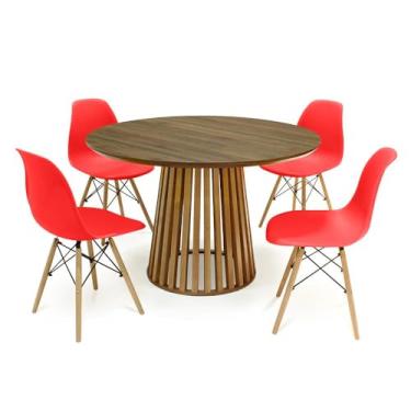 Imagem de Conjunto Mesa de Jantar Redonda Luana Amadeirada Natural 120cm com 4 Cadeiras Eames Eiffel - Vermelho