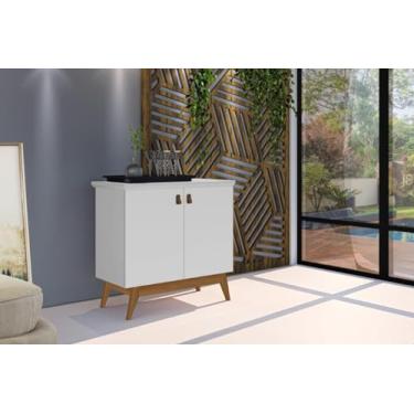 Imagem de Buffet/Balcão/Bancada/Aparador ABS Estilo Retrô Com Pés em Madeira e Puxadores em Couro 2 Portas Com Prateleira Interna Cor Branco Acetinado