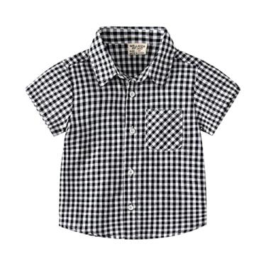 Imagem de Camiseta infantil de flanela tamanho 5 para meninos jaqueta xadrez manga curta lapela botão para baixo camisas infantis meninos, Preto, 3-4 Anos