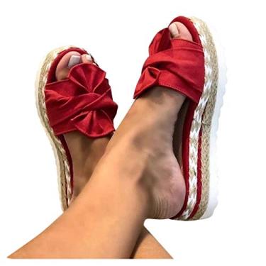 Imagem de Sandálias para mulheres, sandálias de dedo aberto com laço casual verão elegante viagem praia plataforma chinelos sandálias, Vermelho, 7