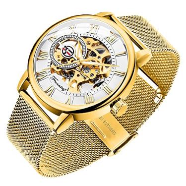 Imagem de Dentily Relógio Esqueleto Masculino Clássico Numeral Romano Steampunk Relógio Mecânico Relógio Masculino com Vento Manual (Azul), Ouro e branco, Mecânico, relógio esqueleto