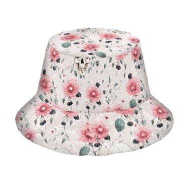 Imagem de Chapéu bucket de inverno chapéu de pescador de pelúcia peludo chapéu balde ao ar livre para mulheres homens, Crânios vintage com flores rosa, Tamanho Único