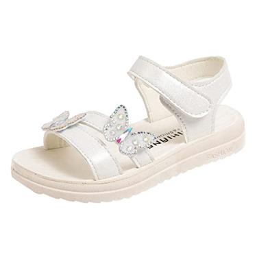 Imagem de CsgrFagr Sandálias infantis para bebês meninas borboleta diamante couro PU macio aberto dedo do pé sandálias de verão princesa sapatos rasos, Branco, 3.5 Big Kid