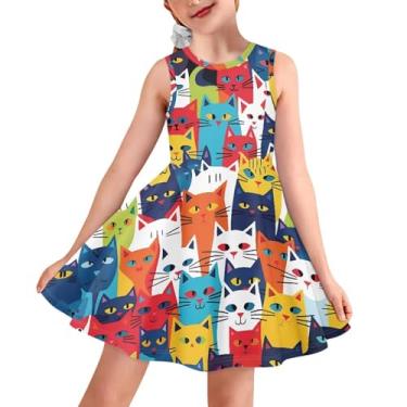 Imagem de Psesaysky Vestido de gato para meninas e crianças, evasê, midi, roupa bonita, casual, macio, elástico, camiseta, vestido de praia para aniversário de 3 a 16 anos