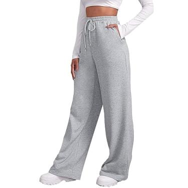 Imagem de Howstar Calça de moletom feminina de perna larga larga larga calça elástica casual longa com bolsos cargo yoga joggers moda jogger calças, A1, prata, GG