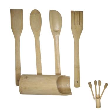Imagem de Kit Utensílios em Bambu com 5 peças. 1 espátula, 1 Colher, 1 Espátula de pão duro, 1 Garfo e 1 Suporte. Deixe sua Cozinha e seu Dia a Dia muito mais Prático e Charmoso!