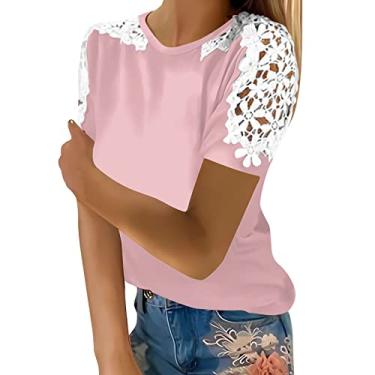 Imagem de Blusas femininas de malha de renda para treino de manga curta, blusas elegantes de verão de algodão, camisetas florais para festa, rosa, M