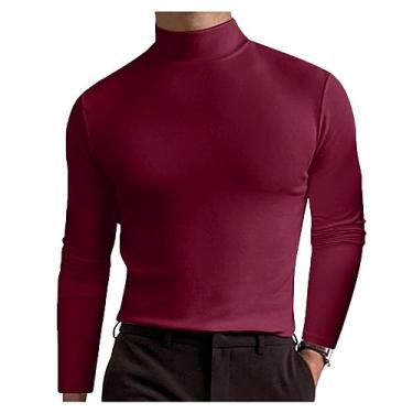 Imagem de Camisetas masculinas de manga comprida slim fit gola rolê camisas polo secagem rápida absorção de suor ao ar livre Henley, Vinho tinto, XXG