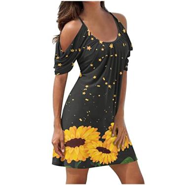Imagem de Vestidos de gola redonda para verão outono manga curta ombro vazado floral praia vestidos havaianos femininos 2024, U-683 amarelo mostarda, XXG