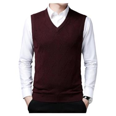 Imagem de Suéter masculino de cor sólida pulôver de malha vintage suéter suéter gola V pulôver suéter, Marrom, XXG