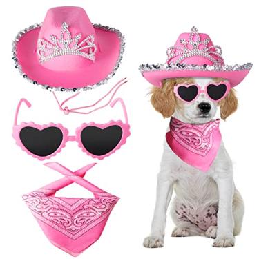 Imagem de Yewong Conjunto de acessórios de chapéu de cowboy rosa para animais de estimação, tamanho de gato, rosa, vaqueira, princesa, tiara com coroa, bandana/cachecol, óculos de sol para gato, cachorrinho,