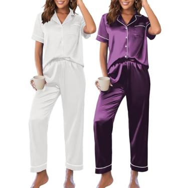 Imagem de Ekouaer Pacote com 2: Conjunto de pijama de cetim para mulheres, conjunto de pijama de manga curta, conjunto de pijama de seda e calça comprida, Branco + roxo, GG