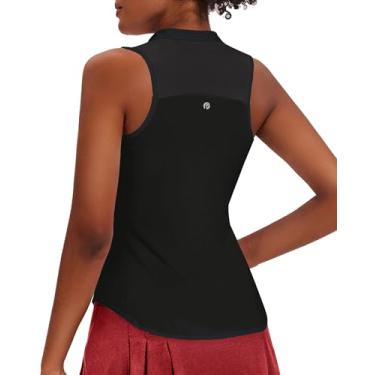 Imagem de PINSPARK Camisas de golfe femininas sem mangas FPS 50+ camisa polo tênis 1/4 zíper costas nadador camisetas de secagem rápida, Preto, G