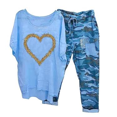 Imagem de Conjunto de 2 peças de linho para mulheres, férias de verão, estampa de coração, camiseta de manga curta, caimento solto, calças camufladas para sair, Azul, XX-Large