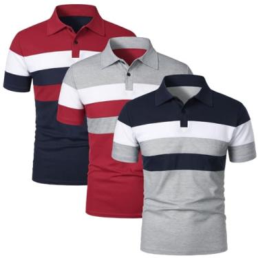 Imagem de Oymyakon Camisas polo masculinas de manga curta Color Block Camisetas de golfe moda verão casual lapela camiseta, Vermelho + cinza claro + azul marinho, G