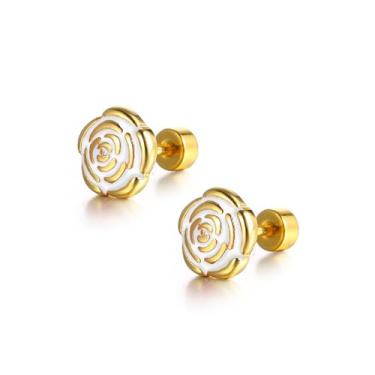 Imagem de Brincos de flor de titânio 18 g para mulheres e meninas, banhado a ouro 14 k, aço inoxidável cirúrgico, hipoalergênico, fofo, rosa, cartilagem, tragus, parafuso nas costas, piercing de concha, joia de