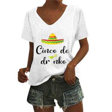 Imagem de Camisetas femininas CIN-co De Mayo Fiesta Mexicana Verão Gola V Manga Curta Camisetas Casuais Blusas Leves, Branco, M