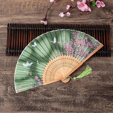 Imagem de YQHWLKJ Ventilador dobrável estilo chinês vintage, ventiladores de mão de pano de bambu, decoração de casa, presentes de casamento, festa de dança, ventiladores portáteis