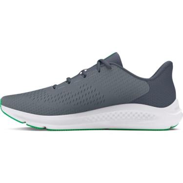 Imagem de Under Armour Tênis de corrida masculino Charged Pursuit 3 com logotipo grande, (107) Cascalho/Cinza (Downpour) / Verde Vapor, 12.5