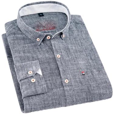 Imagem de ZMIN Camisa masculina slim fit de algodão de linho de manga comprida com bolso único de botão para o verão camisa casual lisa fina, Cinza escuro 9, G