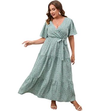 Imagem de KOJOOIN Vestido longo feminino plus size com decote em V, cintura alta, babados, manga curta, vestido casual de verão com cinto, Manga curta verde floral, GG