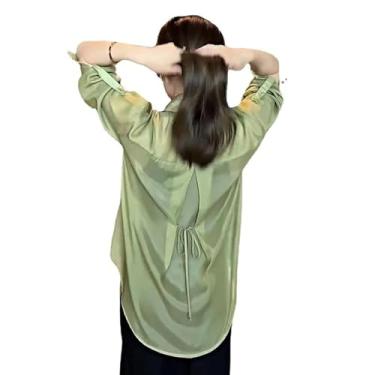 Imagem de Camisa de chiffon com protetor solar de verão, nova camisa de proteção solar, camisa de seda com proteção UV de manga comprida, camisas de chiffon para mulheres, Verde Matcha, P
