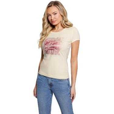 Imagem de GUESS Camiseta feminina ecológica manga curta gola redonda logotipo G, Creme Brulee, M