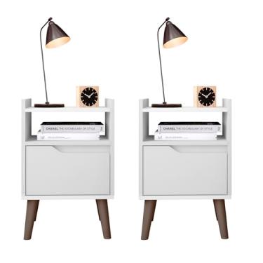 Imagem de Kit 2 Mesas de Cabeceira Compactas Retrô com Gaveta e Nicho, Branco, Conjunto para Quarto