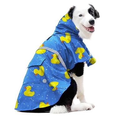 Imagem de DELIFUR Capa de chuva para cães grandes - Poncho de chuva impermeável para cães ajustável de camada dupla com capuz para cães médios e grandes projetado com tira refletiva e patos (pato azul, médio)