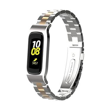 Imagem de Gheper Pulseira de relógio de metal compatível com Samsung Galaxy Fit2 SM-R220 de aço inoxidável, moldura protetora, design de pulseira de substituição para smartwatch 2 SM-R220, prata, ouro rosa