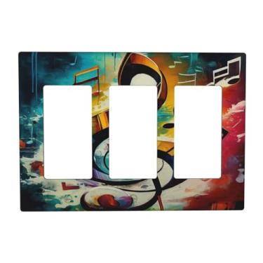 Imagem de Sghxwp Notas musicais coloridas em um fundo colorido arco-íris tomada tripla placa de parede 3 gang Rocker capa decorativa placa frontal Gfci capas de interruptor de luz para decoração de casa de
