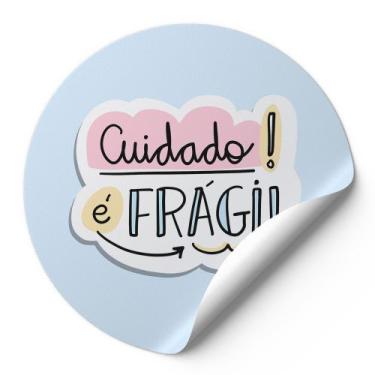 Imagem de 120 Etiquetas Auto Colante Adesivos Redondos Cuidado É Frágil Fundo Az