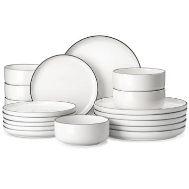 Imagem de MALACASA Louça completa moderna de 18 peças, conjuntos de pratos com borda preta para 6 pessoas com 6 prato/prato de sobremesa/tigelas de cereais, adequado para micro-ondas e máquina de lavar louça,