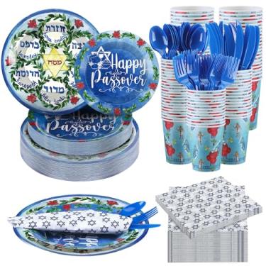 Imagem de FillTouch 168 peças de artigos de festa de Páscoa para 24 convidados, inclui pratos de papel judeus, copos, guardanapos, facas de plástico, garfos, colheres, conjunto de utensílios de mesa de Páscoa
