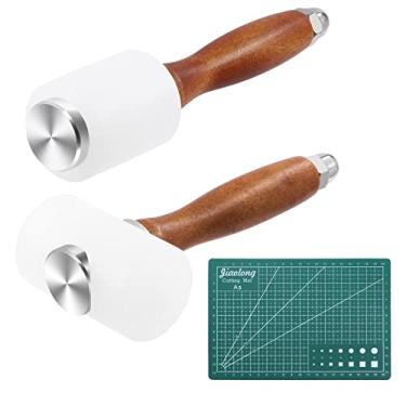 Imagem de Swpeet Conjunto de 3 peças de martelo de entalhe de couro, martelo de cabeça em T e martelo vertical, martelo de couro com tábua de corte A5, martelo de madeira de nylon, martelo de madeira para