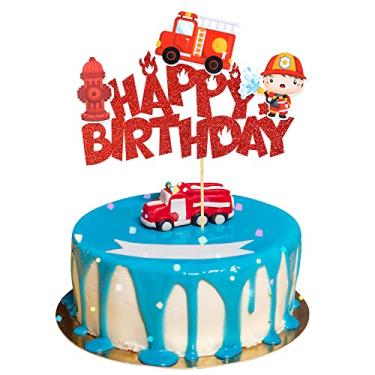 Imagem de Gyufise 1 peça de topo de bolo bombeiro feliz aniversário caminhão de bombeiros brinquedo bombeiro tema do corpo de bombeiros chá de bebê crianças festa de aniversário decoração de bolo suprimentos