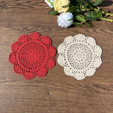 Imagem de Hsvanyr Conjunto de 2 jogos americanos de vidro, tigela de vidro, tapetes de mesa de jantar para porta-copos de cozinha, toalhas redondas feitas à mão em crochê de algodão para decorações de Natal