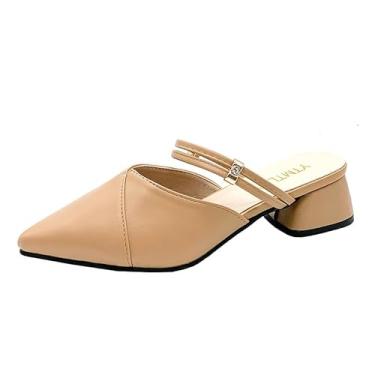 Imagem de Boxpopla Mocassim feminino fechado bico fino mules duas vias alça frente única para mulheres salto médio grosso mule slingback sapatos sem cadarço, Caqui, 35