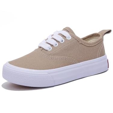 Imagem de OPOEE Sapatos esportivos de cano baixo para meninos e meninas, com cadarços, calçados infantis confortáveis e leves para skate, Cor cáqui, 15
