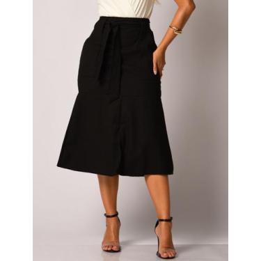 Imagem de Saia Midi De Linho Com Bolsos Acompanha Cinto - Lumia , Preto, G