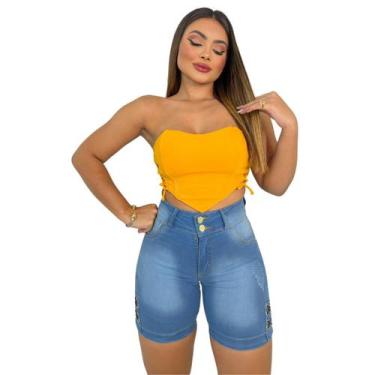 Imagem de Bermuda Jeans Feminina com Ilhós e Cós Alto Sofisticado - Fortaleza Je