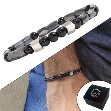 Imagem de Pulseira Slim de Pedras Naturais Hematita e Ônix Unissex Magnética Vib