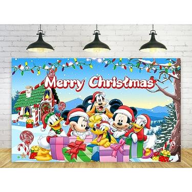 Imagem de Fundo de Feliz Natal para Mickey Mouse Decorações de Festa de Natal Fundo de Casa de Natal para Decorações de Mesa de Bolo de Festa Banner Tema de Natal 1,5 x 0,9 m
