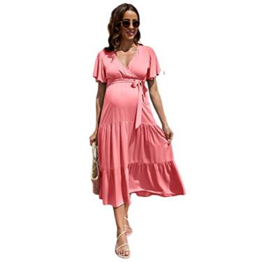 Imagem de FUNJULY Vestido feminino para gestantes, gola V, manga bufante, plissado, para chá de bebê ou uso casual, rosa, G