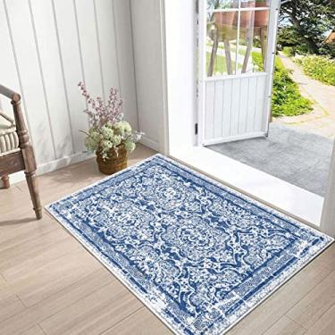 Imagem de Vaukki Tapete de corredor de corredor, tapete de lavanderia macio felpudo vintage, tapete de corredor de entrada, tapete lavável para área de cozinha de casa de fazenda para banheiro, entrada e quarto (6 x 9 cm), azul)