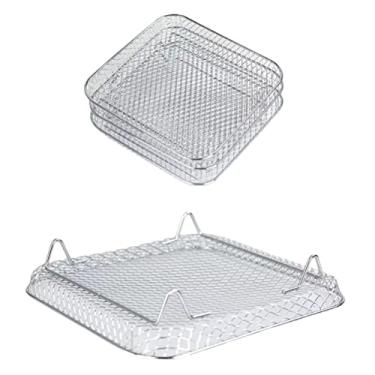 Imagem de Cremalheira Empilhável da Fritadeira de Ar, Cremalheira Quadrada do Desidratador do Alimento de Três Camadas de Aço Inoxidável para a Fritadeira de Ar da Cozinha (Quadrado 20 cm