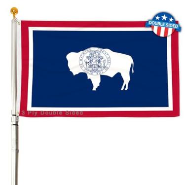 Imagem de Bandeira do estado do Wyoming com 3 camadas 6,5 x 9,5 m 150D poliéster dupla face resistente ao ar livre cores vivas com cabeçalho de lona durável e 2 ilhós de latão